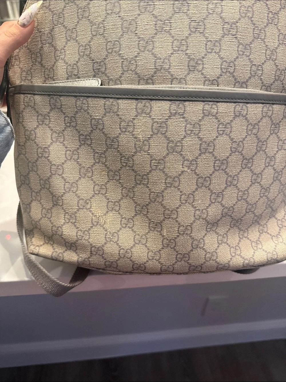Gucci Beige GG Supreme Canvas Backpack with Gray Leather Trim